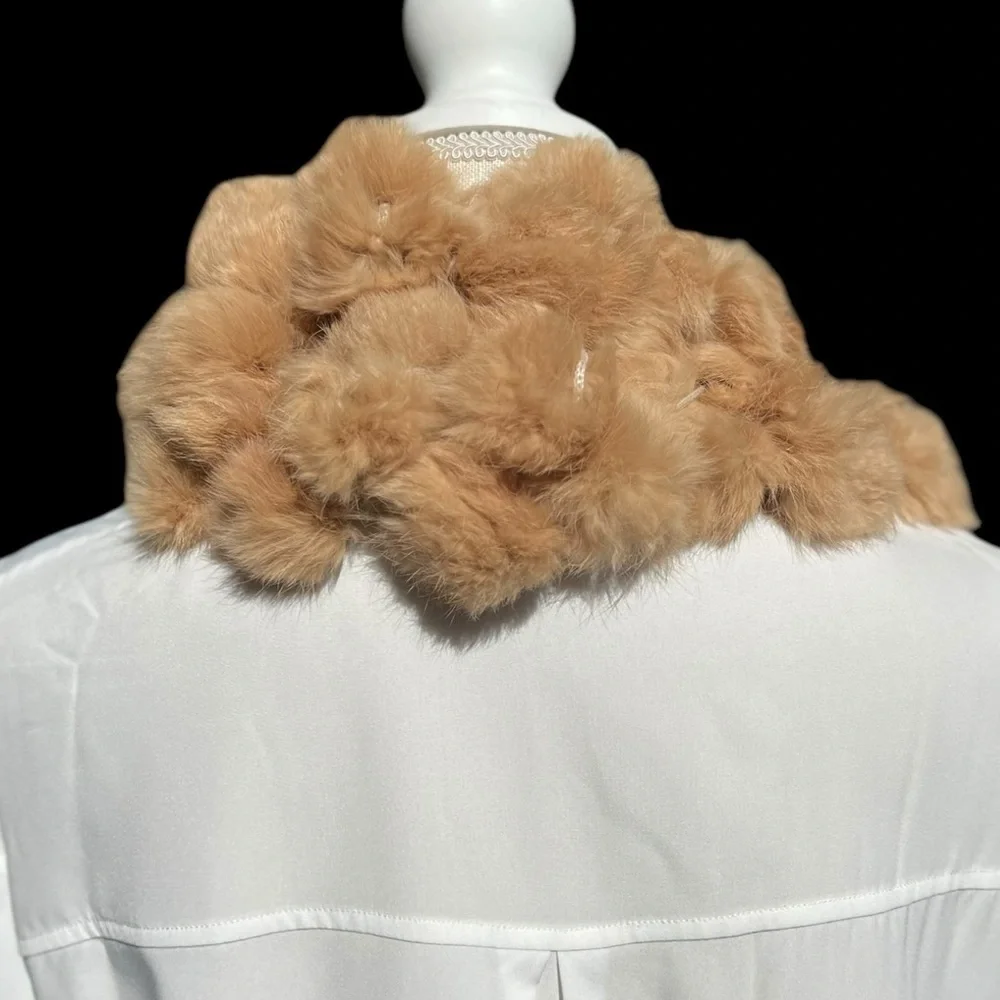 🌻Vintage Genuine Rabbit Fur Soft Warm Tan Pon Pons Scarf